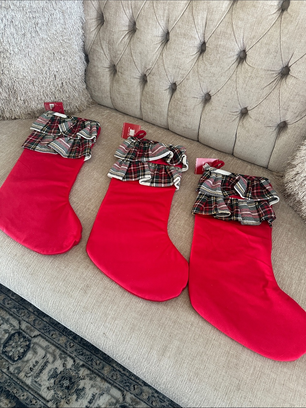 Ashland Red Holiday Stockings with Plaid Ruffle Cuffs - Set of 3